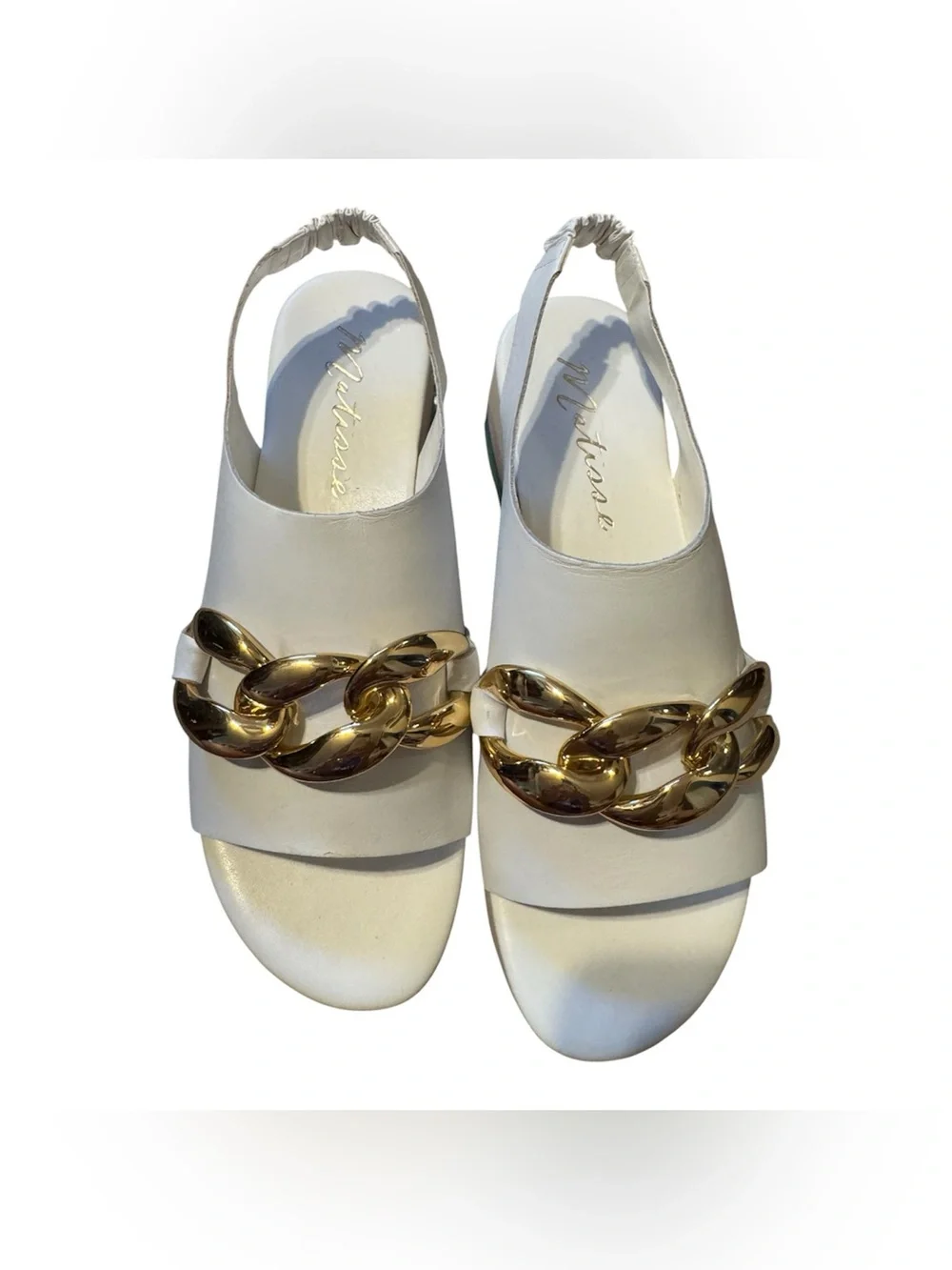 Matisse Natalia White Wedge Sandal with Gold Chain and Multicolor Platform